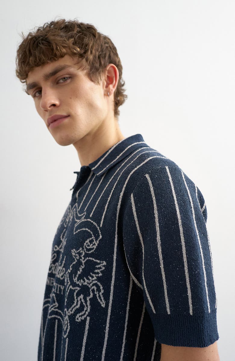 Topman Lower East Side Johnny Collar Jacquard Polo Sweater, Alternate, color, Navy