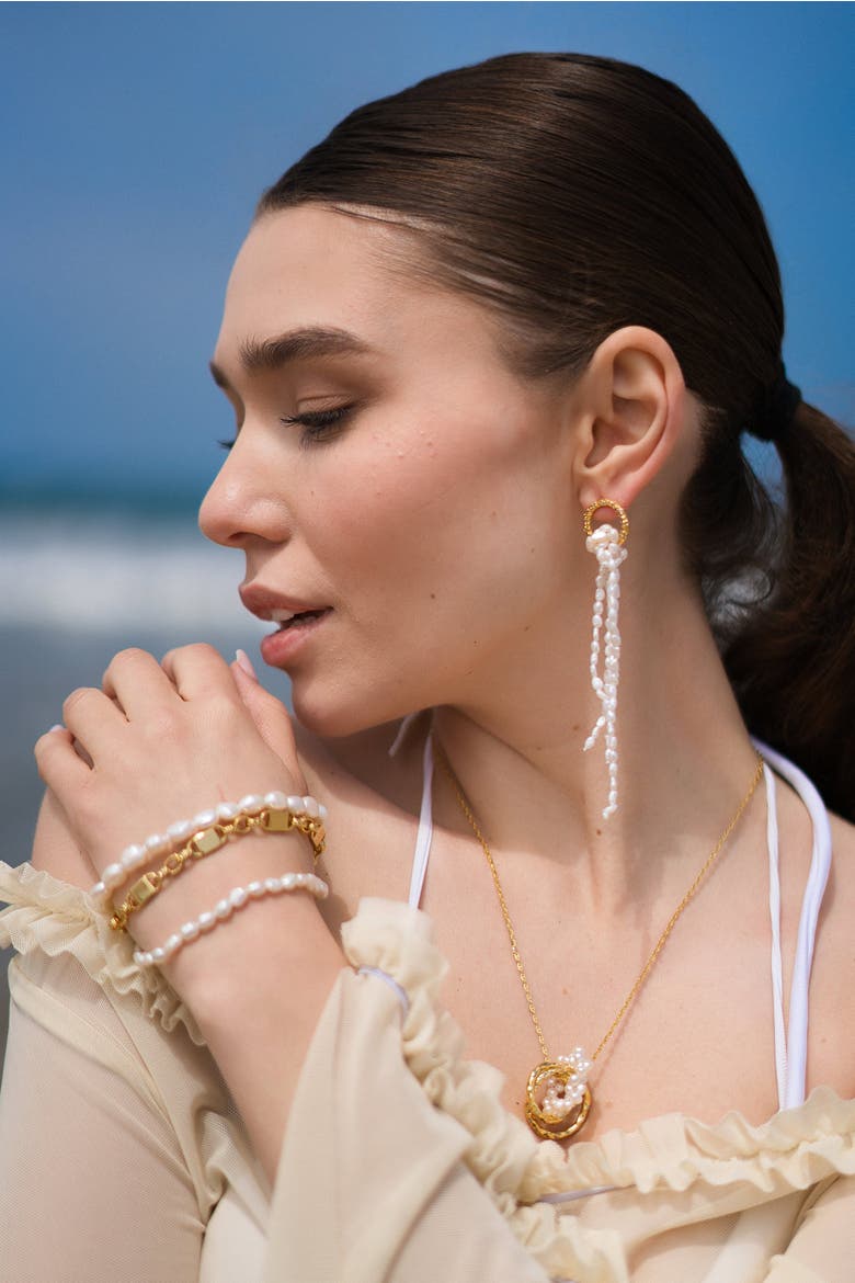 Nina Gold Hoop Bead Pearl Tassel Earrings, Alternate, color, Gold