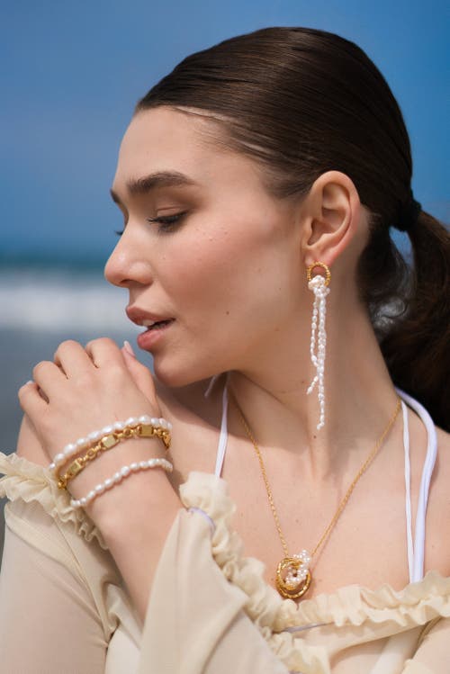 Classicharms Nina Gold Hoop Bead Pearl Tassel Earrings In Gold