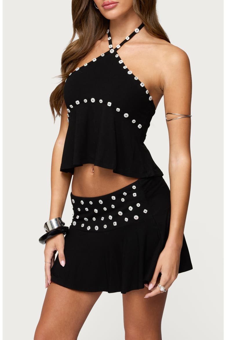 Kayce Button Trim Open Back Halter Top, Alternate, color, BLACK