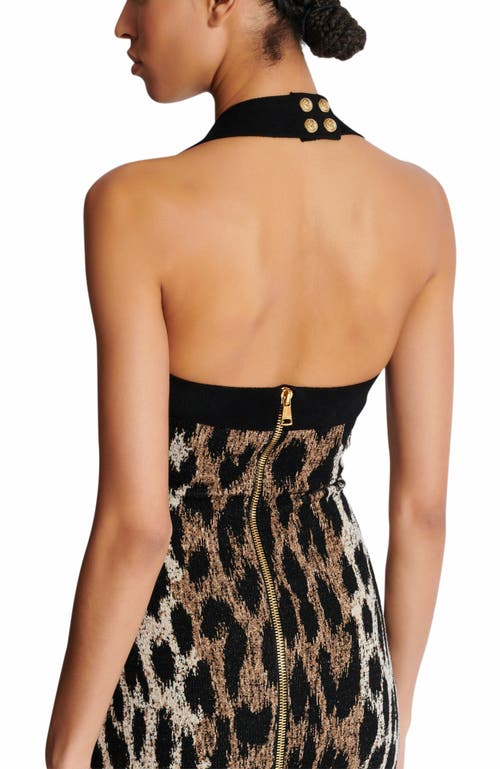 Balmain Halterneck Leopard Print Jacquard Bodycon Dress In Black