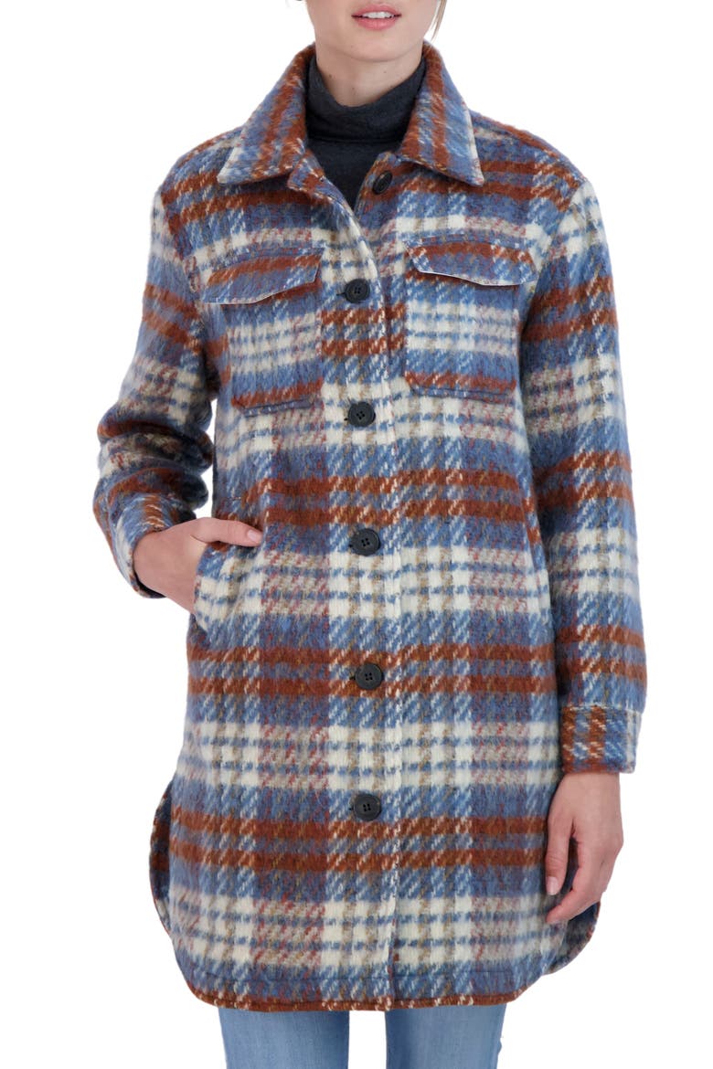 Brushed Plaid Long Shirt Jacket, Main, color, BLUE/ RED