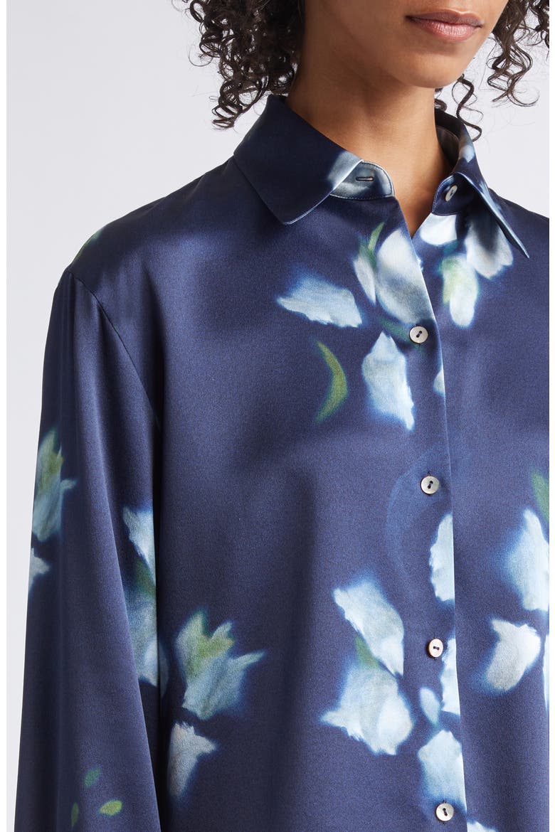 Petal Blur Floral Silk Button-Up Shirt, Alternate, color, DARK NAVY