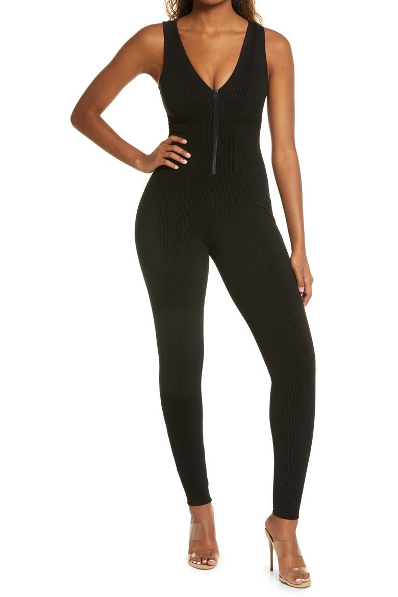 Snatched Zip Front Sleeveless Jumpsuit, Main, color, BLACK