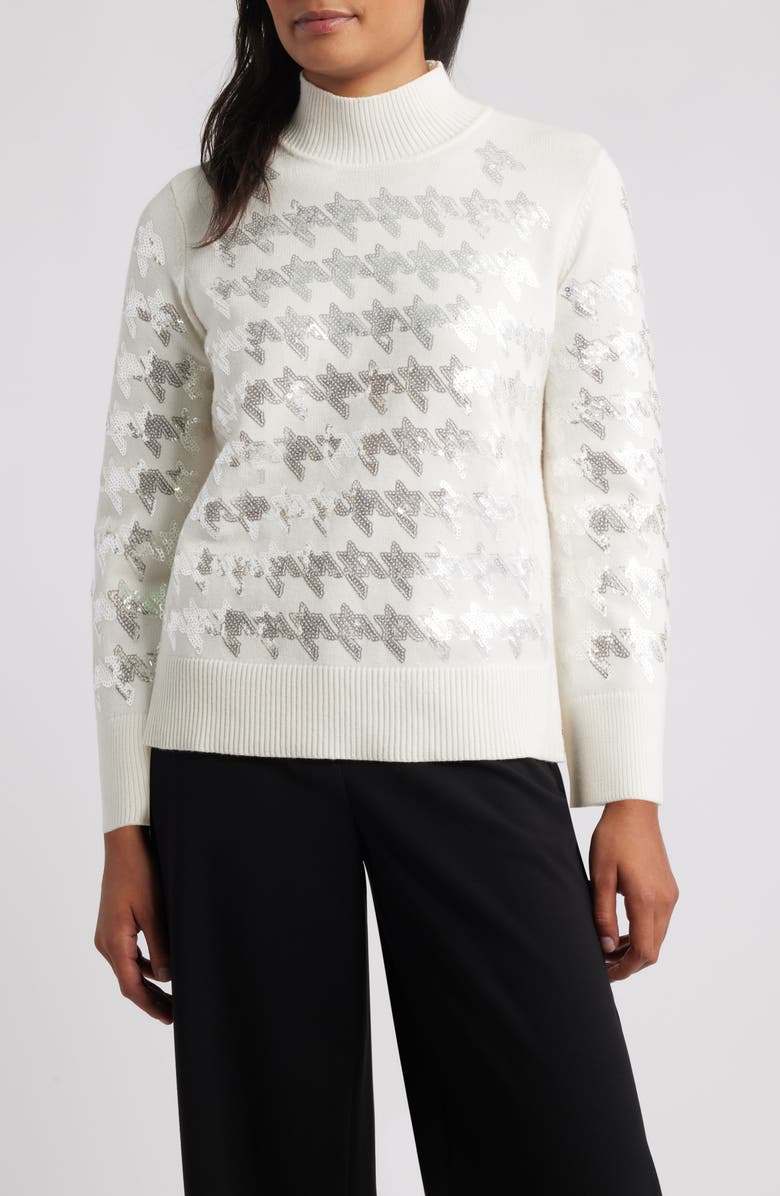 Anne Klein Sequin Houndstooth Mock Neck Sweater, Main, color, White Dove