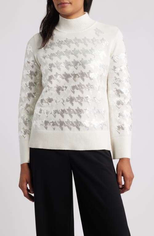 Anne Klein Sequin Houndstooth Mock Neck Sweater In White