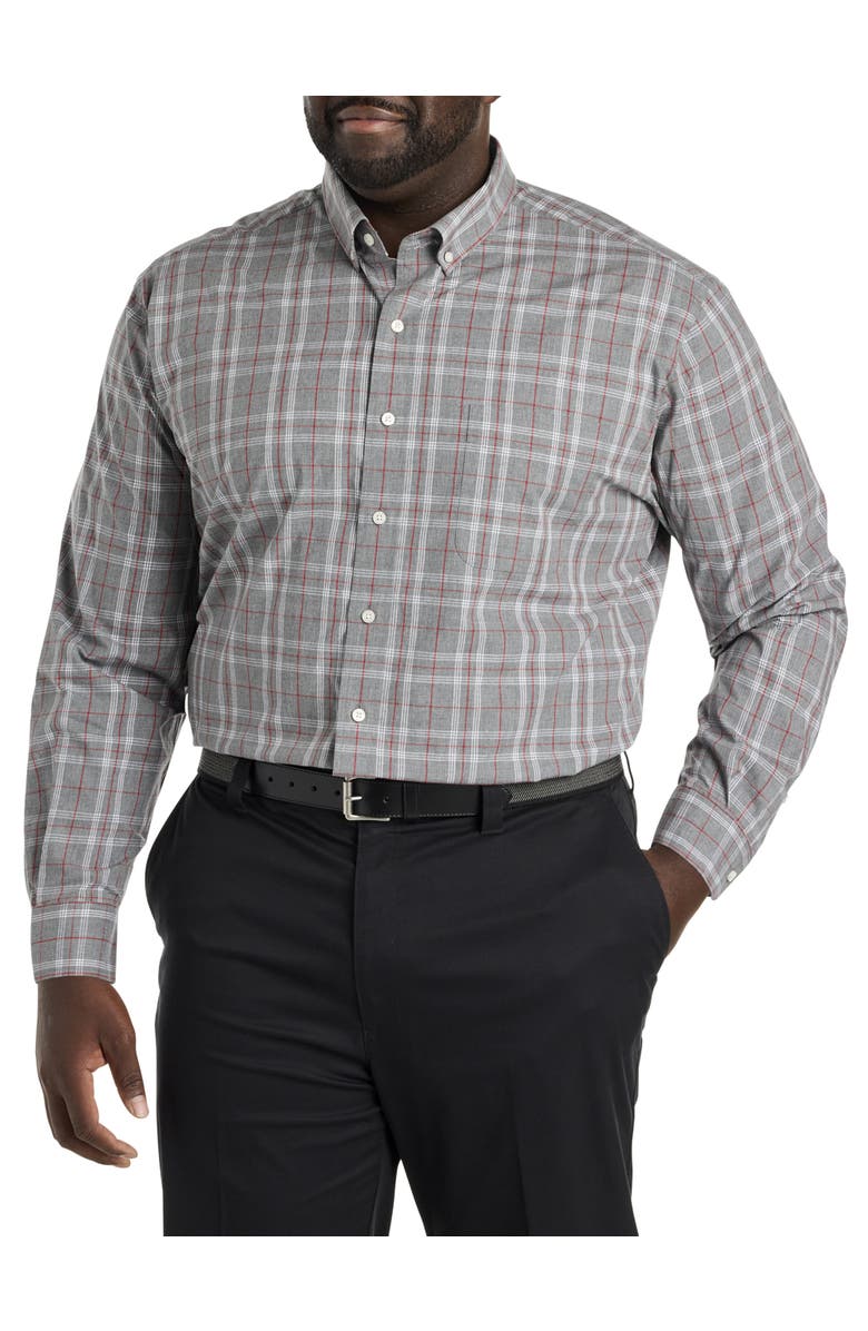 Oak Hill by DXL Big & Tall Heathered Large Plaid Sport Shirt, Main, color, Grey