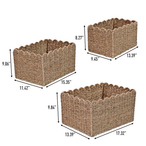 Happimess Arden Coastal Cottage Seagrass Scalloped Rectangular Organizing Storage Baskets (set Of 3) In Natural