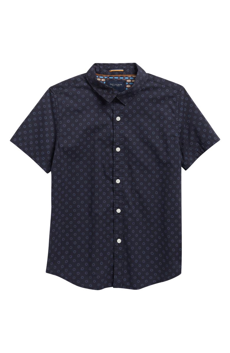 DENIM AND FLOWER Kids' Polka Dot Short Sleeve Shirt, Main, color, Navy