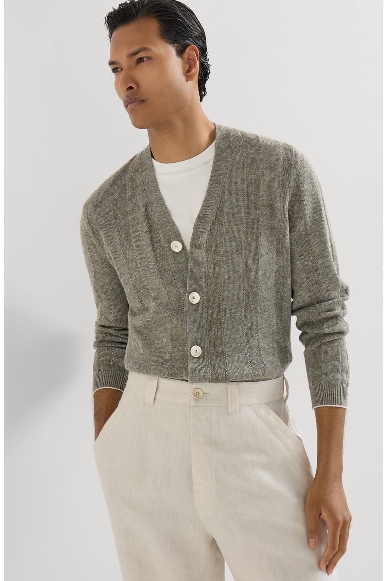 Linen and cotton textured rib cardigan, Alternate, color, Olive