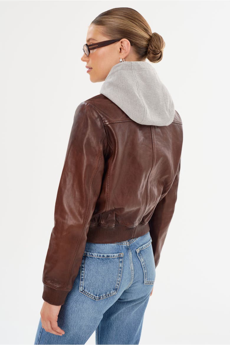 CANDACE | Leather Bomber Jacket, Alternate, color, Chocolate Brown/Heather Grey