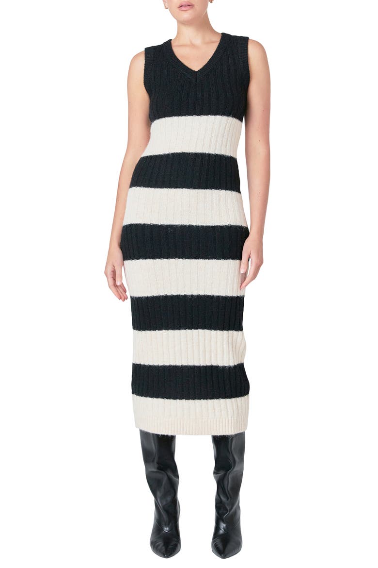 Stripe Midi Sweater Dress, Main, color, BLACK/ CREAM