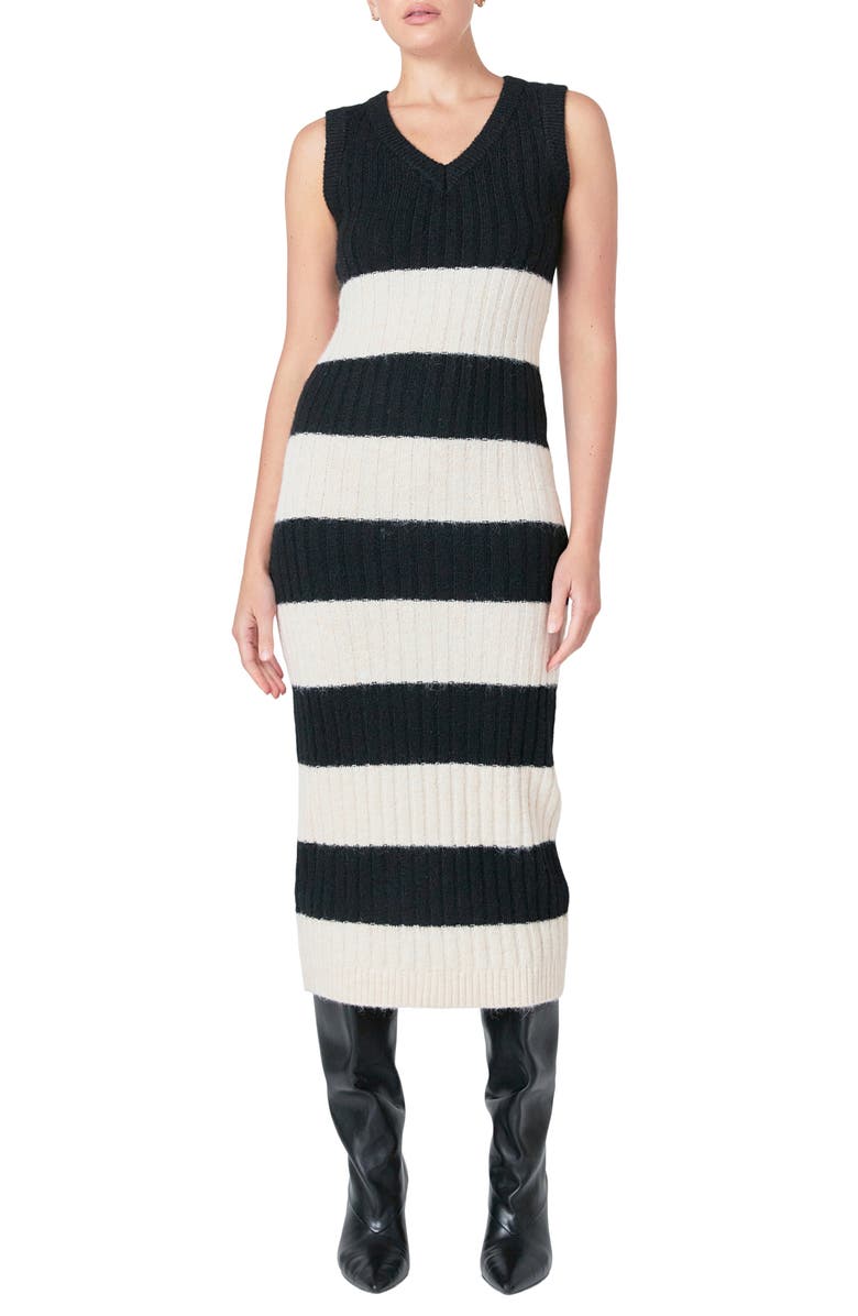 Endless Rose Stripe Midi Sweater Dress, Main, color, Black/ Cream