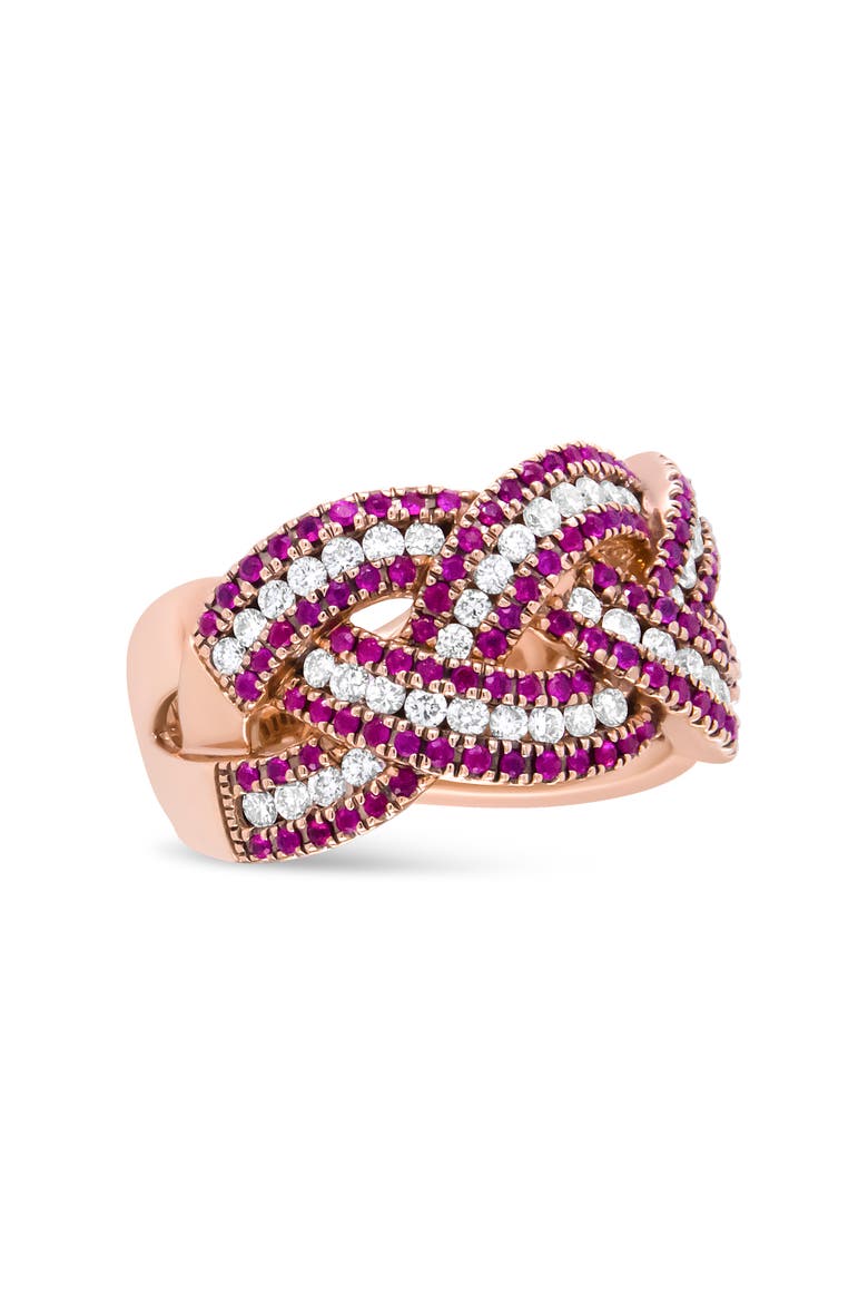 18K Rose Gold Red Ruby and 7/8 Cttw Diamond Woven Braided Band Ring, Alternate, color, Pink