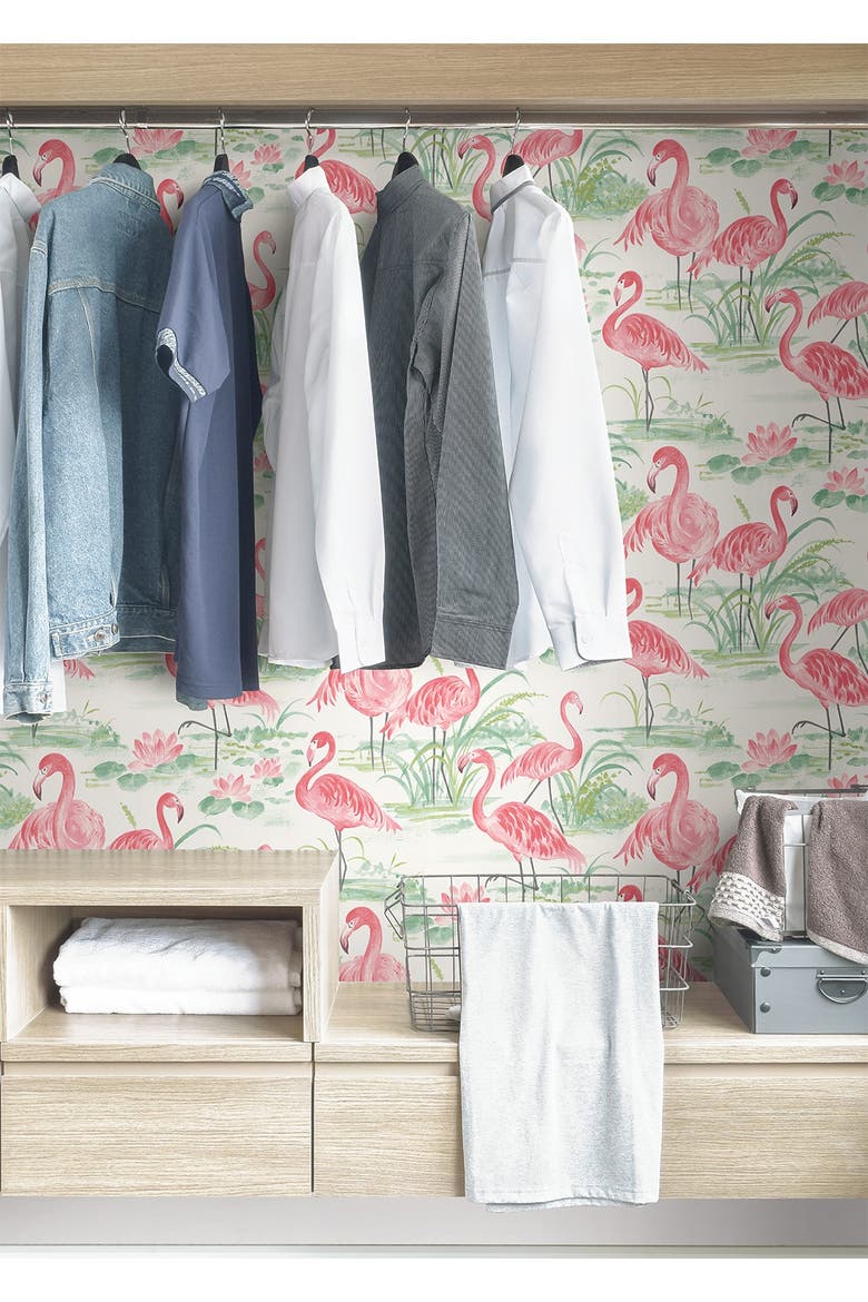 Pink Flamingo Beach Peel & Stick Wallpaper, Alternate, color, PINK