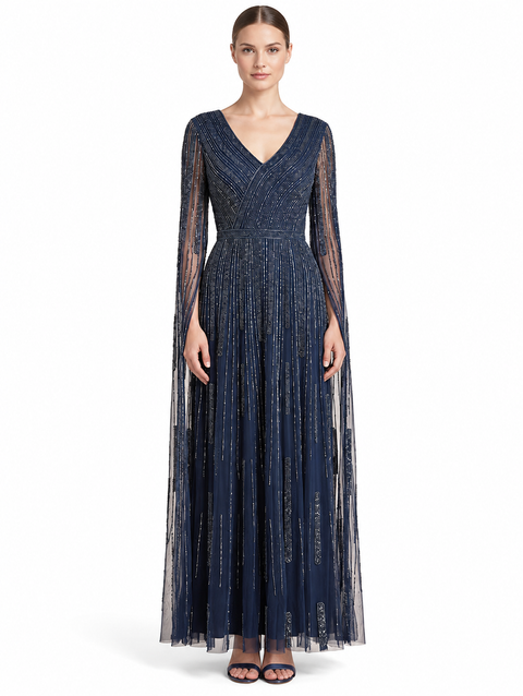 V-Neck Beaded Dress with Long Cape Sleeves