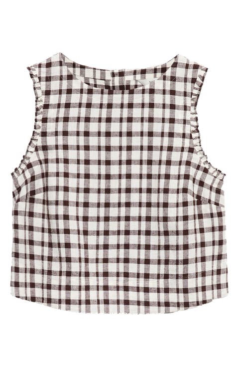 Gingham Ruffle Trim Linen Blend Crop Top