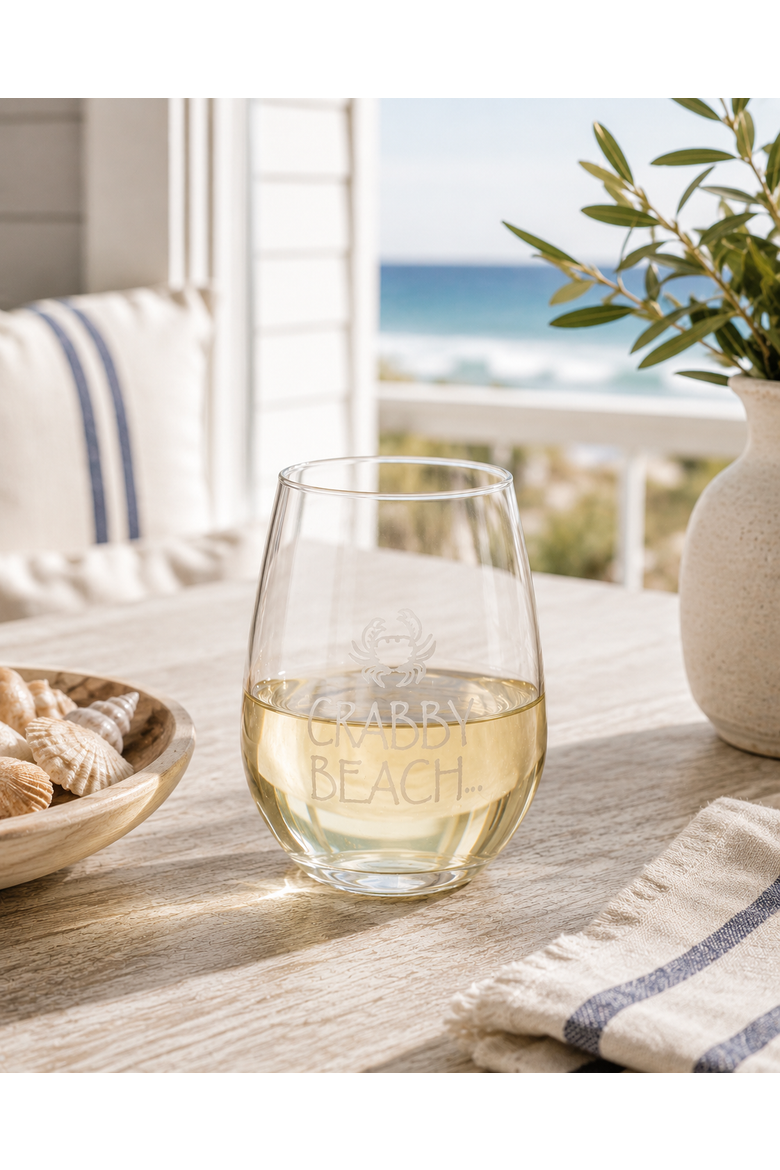 "Crabby Beach" Stemless Wine Glass 12oz, Alternate, color, White