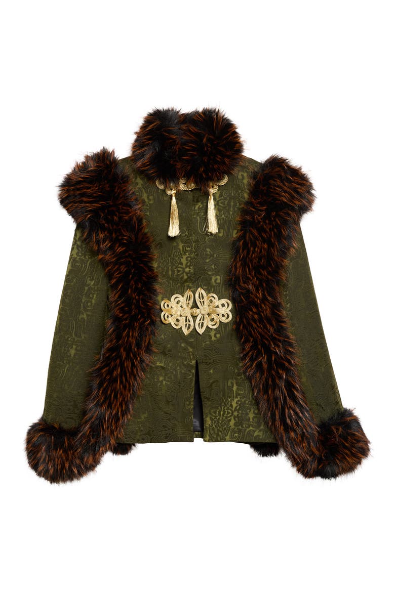 Faux Fur Trim Chinese Brocade Jacket, Main, color, ARMY GREEN
