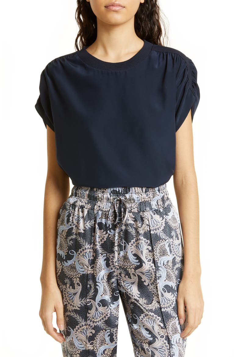 Lorainne Ruched Dolman Sleeve Silk Top, Main, color, NAVY