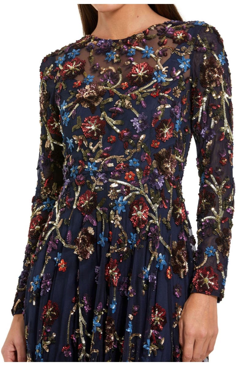 Mac Duggal Beaded Mesh Long Sleeve High Neck A Line Gown, Alternate, color, Midnight Multi