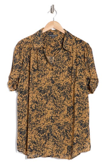 Adrianna Papell Scrunched Short Sleeve Button-up Shirt In Dark Teal Small Floral