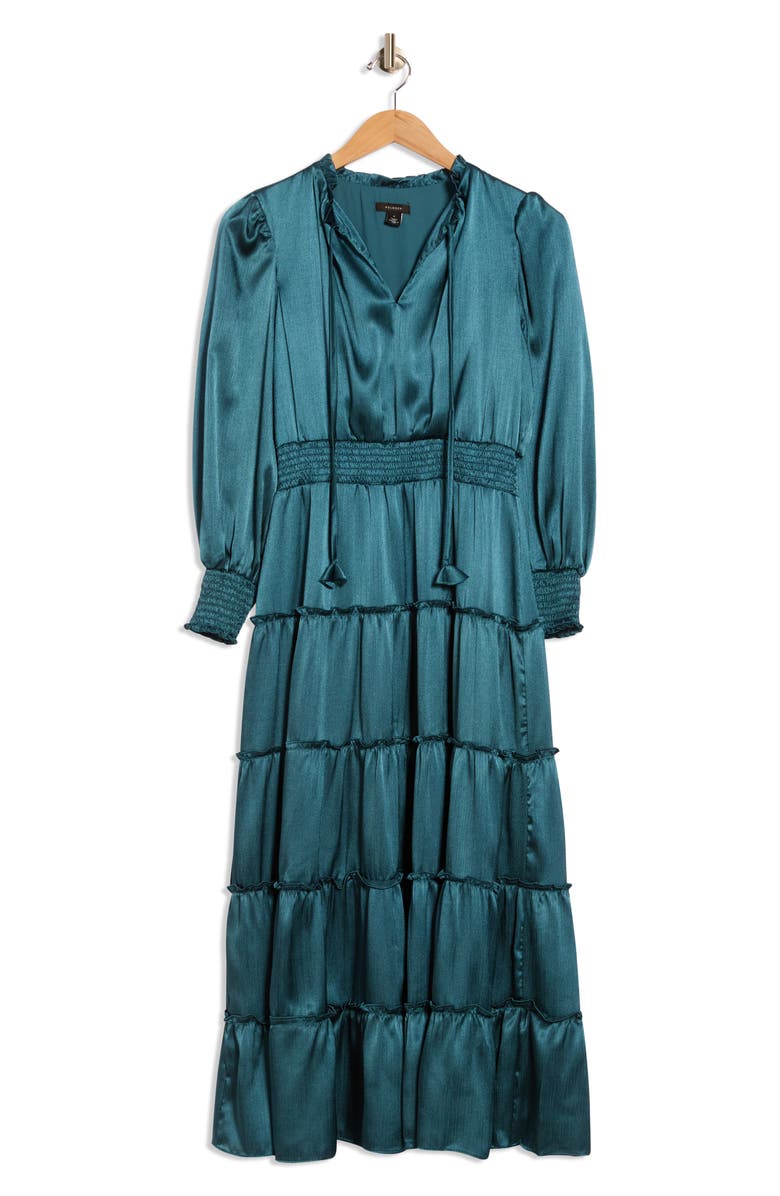 Halogen<sup>®</sup> Satin Long Sleeve Tiered Maxi Dress, Alternate, color, Emerald
