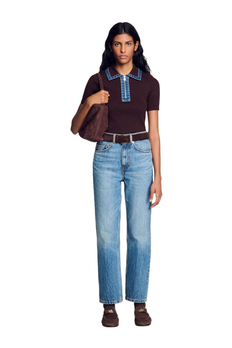 Knit polo sweater with denim collar, Alternate, color, Brown