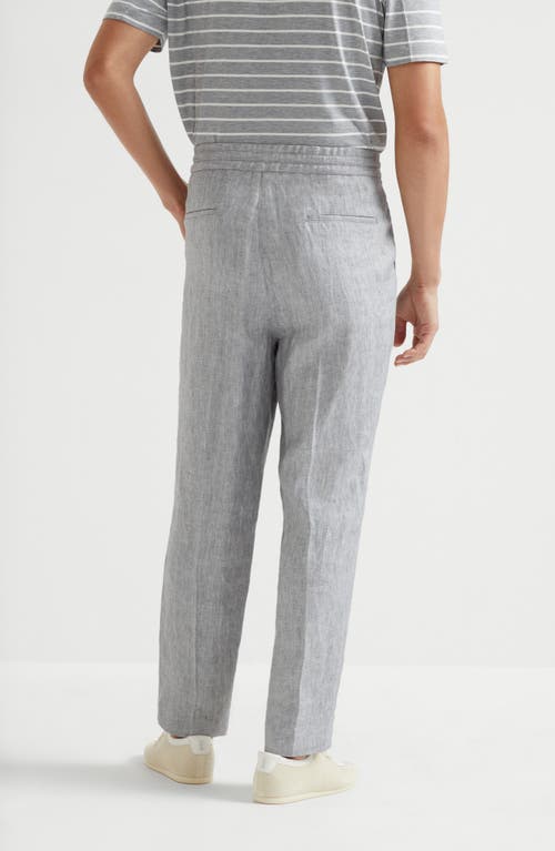 Brunello Cucinelli Men Linen Chevron Leisure Fit Pants With Drawstring And Double Pleats In Grey