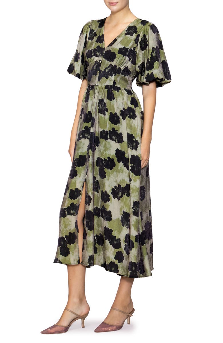 MELLODAY Bubble Sleeve Fit & Flare Midi Dress, Alternate, color, Grey Black Floral