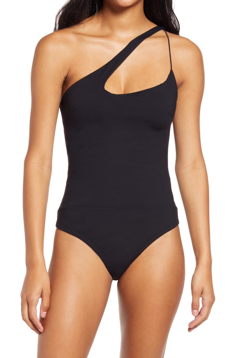 Heading Out Tonight Asymmetric One-Shoulder Bodysuit, Alternate, color, BLACK
