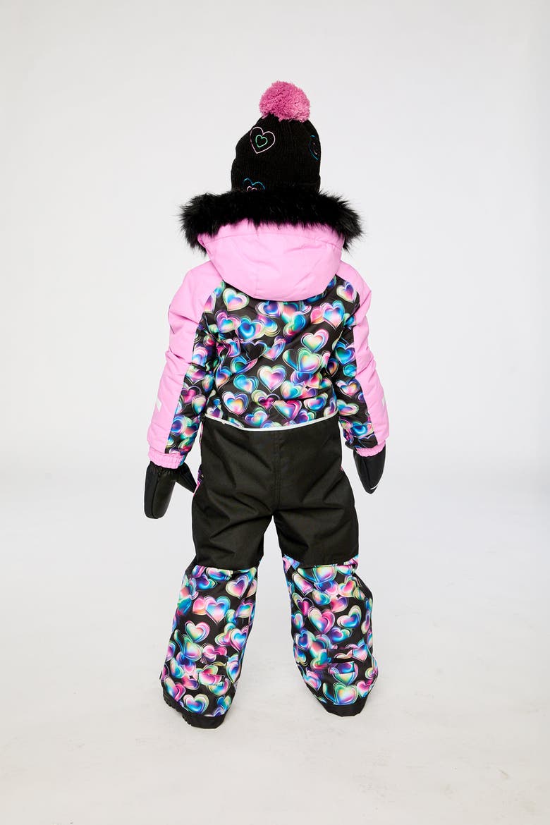 Play Heart Faux Fur Hood & Expandable Sleeve One Piece Snowsuit, Alternate, color, Black Printed with Hearts