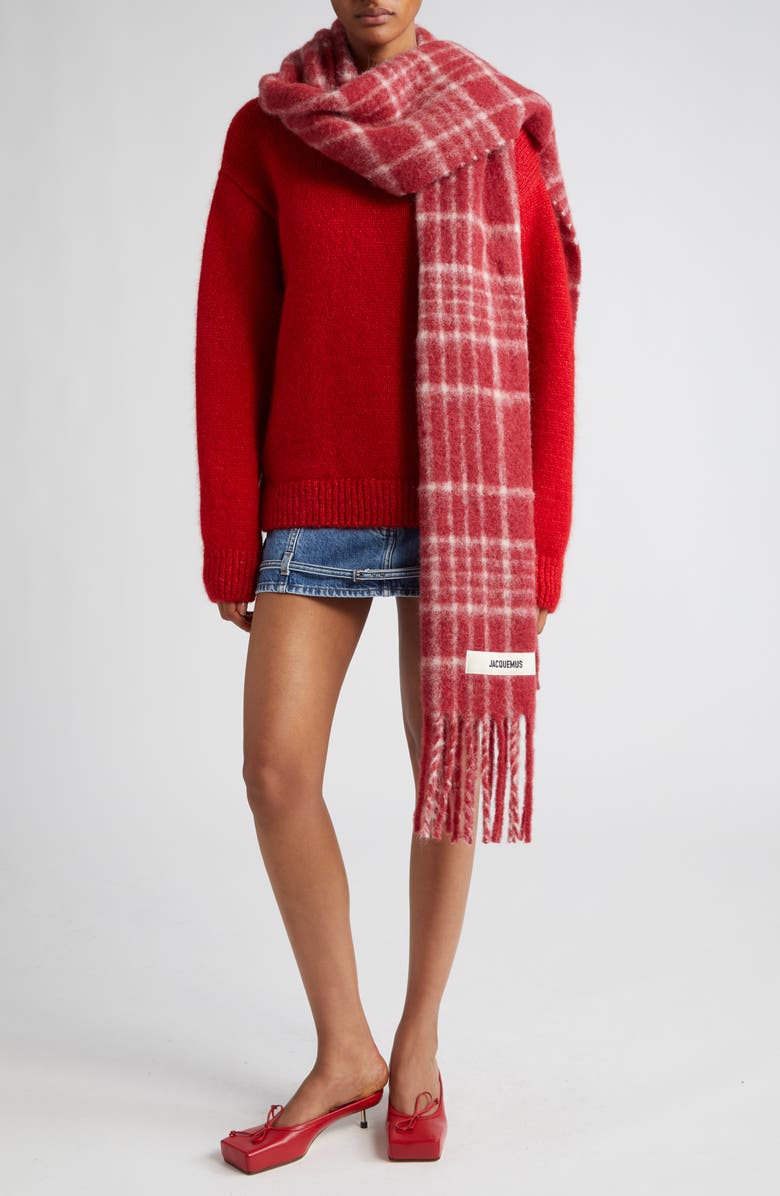 Jacquemus L'écharpe Carro Check Mohair, Alpaca & Virgin Wool Blend Fringe Scarf, Alternate, color, 