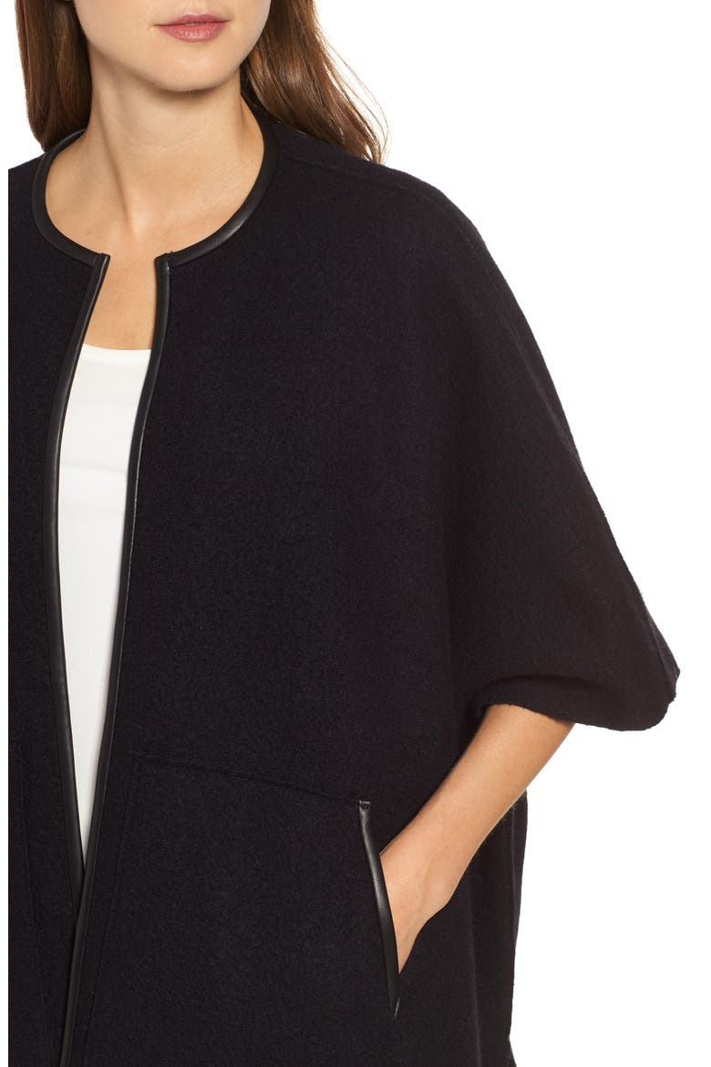 Boiled Wool Poncho Jacket with Leather Trim, Alternate, color, BLACK