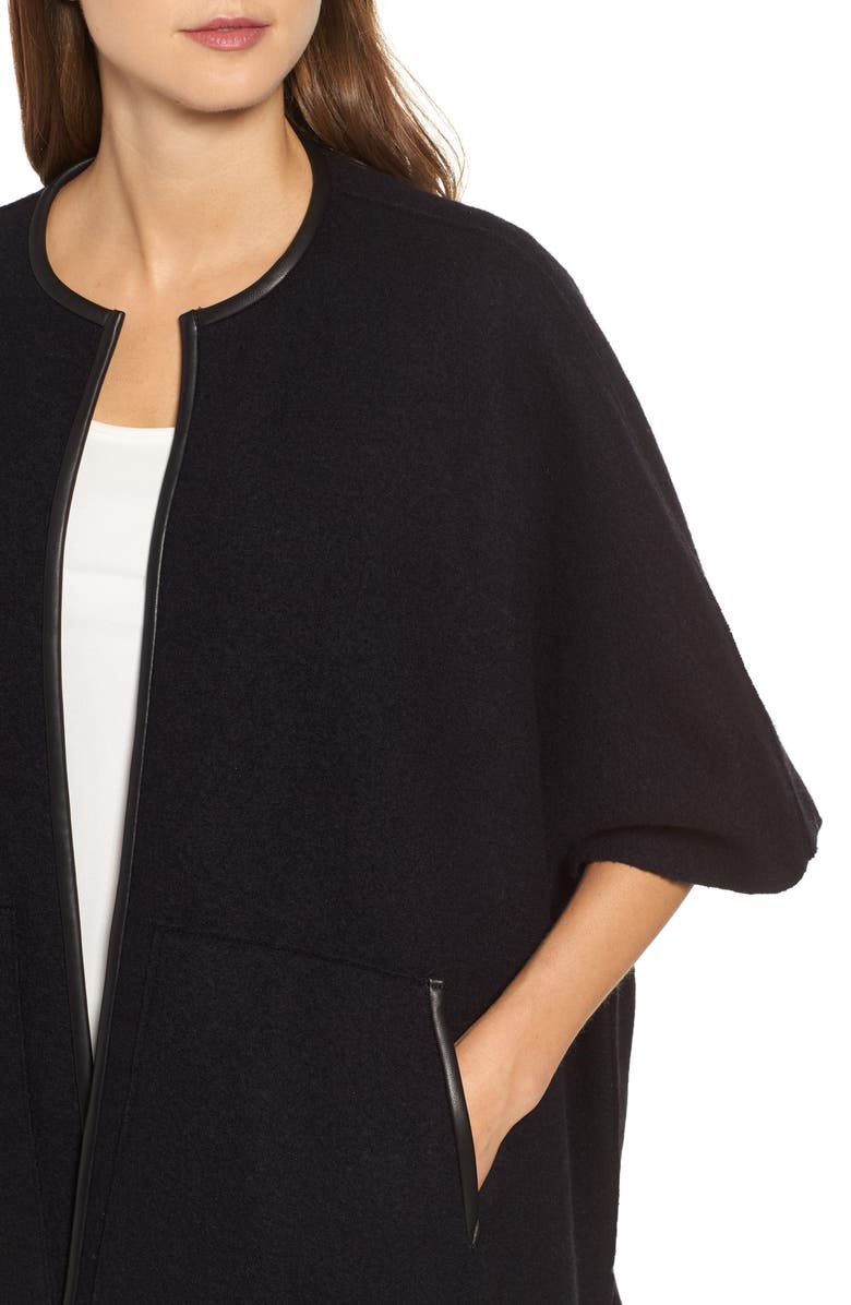 Eileen Fisher Boiled Wool Poncho Jacket with Leather Trim, Alternate, color, 