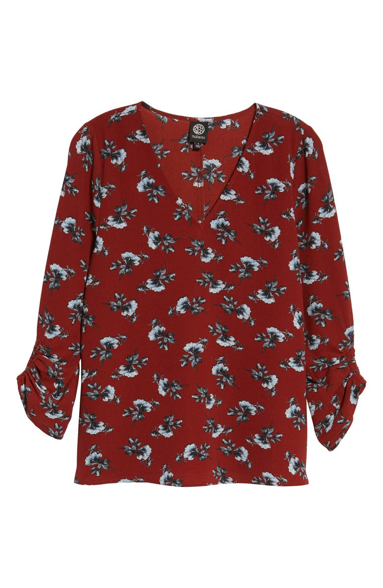 Bobeau Ruched Sleeve Stretch Crepe Blouse, Alternate, color,