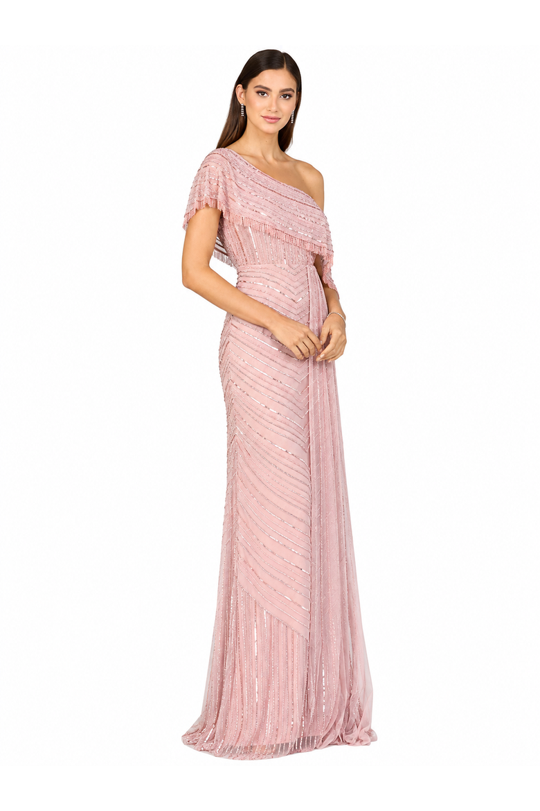 Off Shoulder Sheath Beaded Gown, Alternate, color, DustyRose