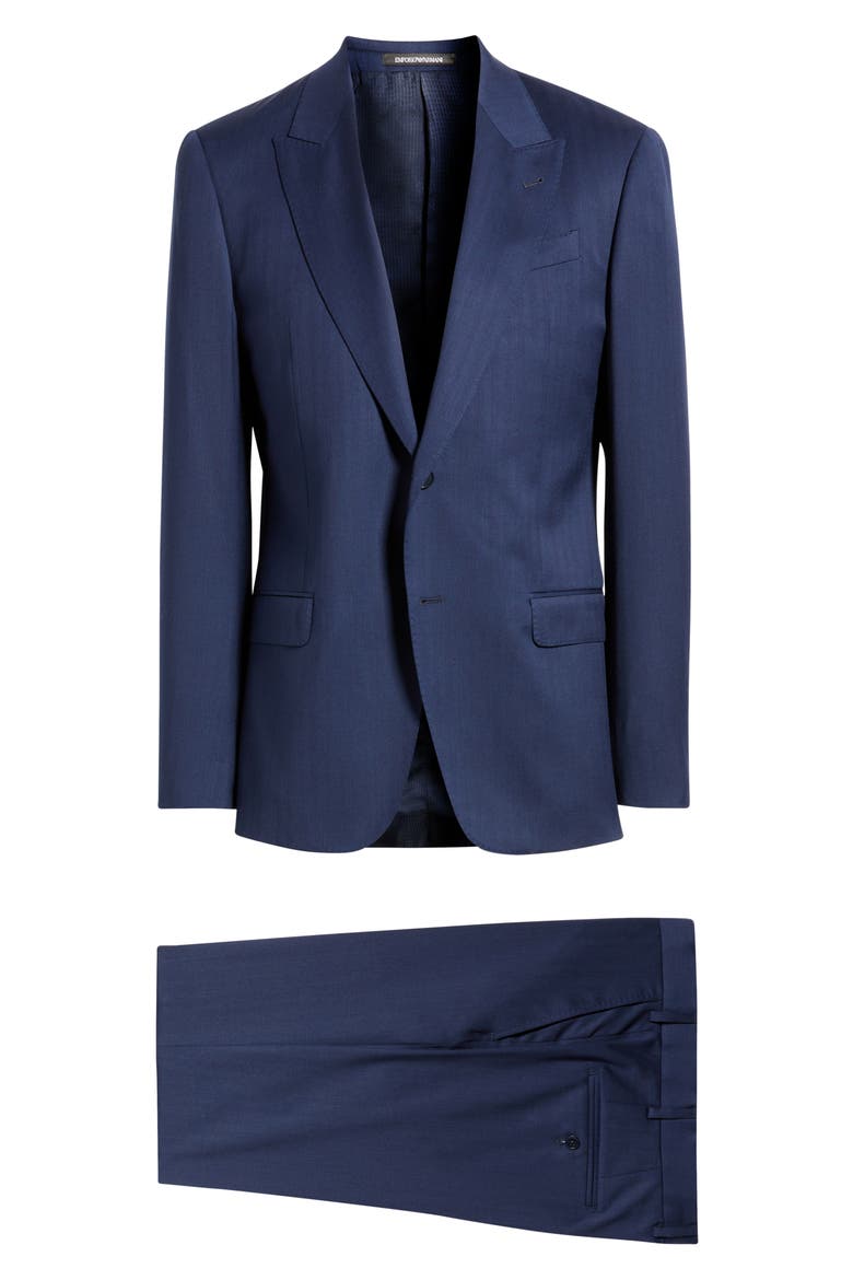 G-Line Peak Lapel Navy Wool Herringbone Suit, Main, color, BLUE