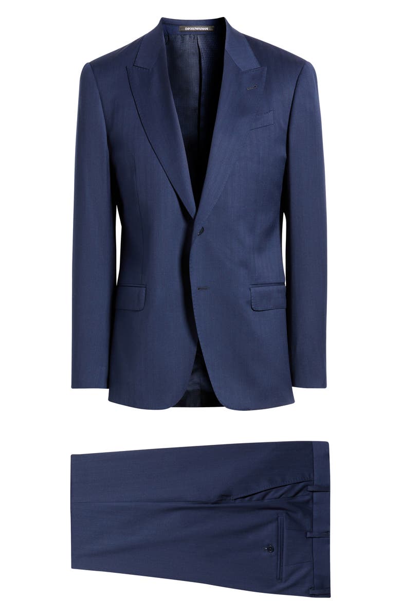 Emporio Armani G-Line Peak Lapel Navy Wool Herringbone Suit, Main, color, Blue