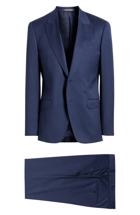G-Line Peak Lapel Navy Wool Herringbone Suit