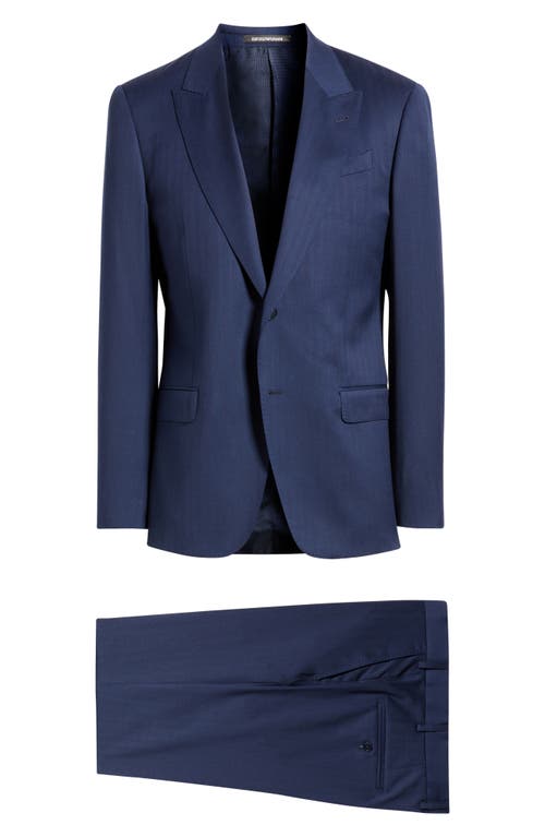 Emporio Armani G-line Peak Lapel Navy Wool Herringbone Suit In Blue