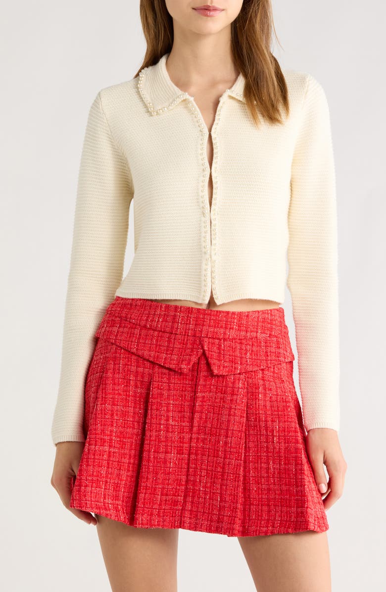 All in Favor Faux Pearl Trim Collared Cardigan, Main, color, Cream