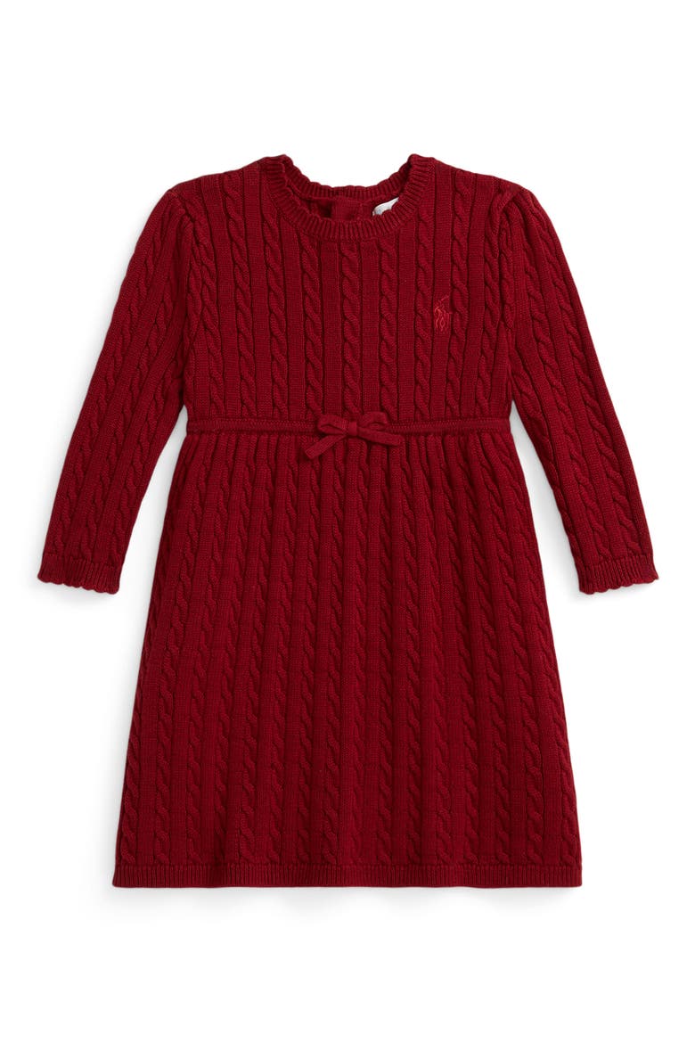 Cable Long Sleeve Cotton Sweater Dress & Bloomers, Main, color, RED