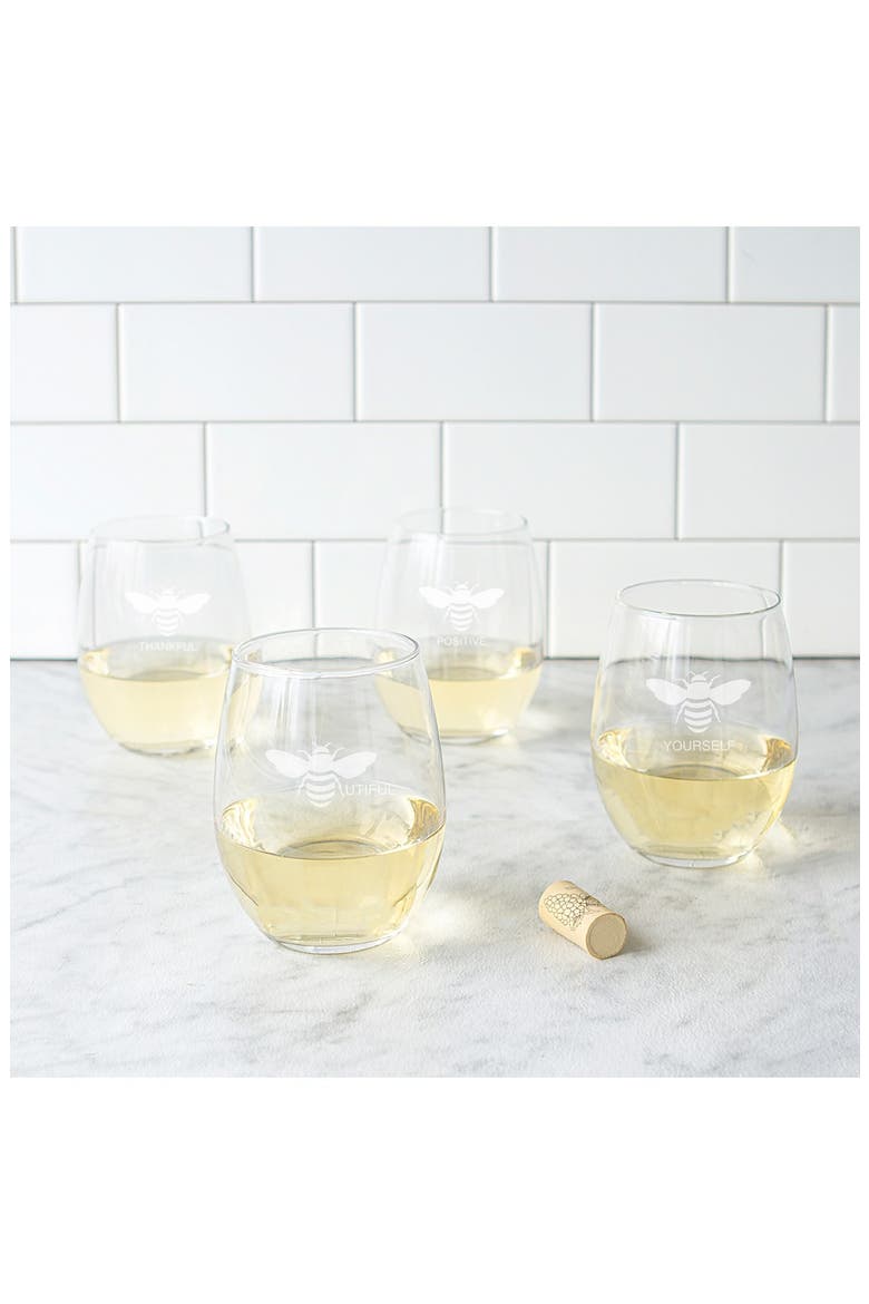 Theme Etched Set of 4 Stemless Wine Glasses, Alternate, color, BEE THANKFUL