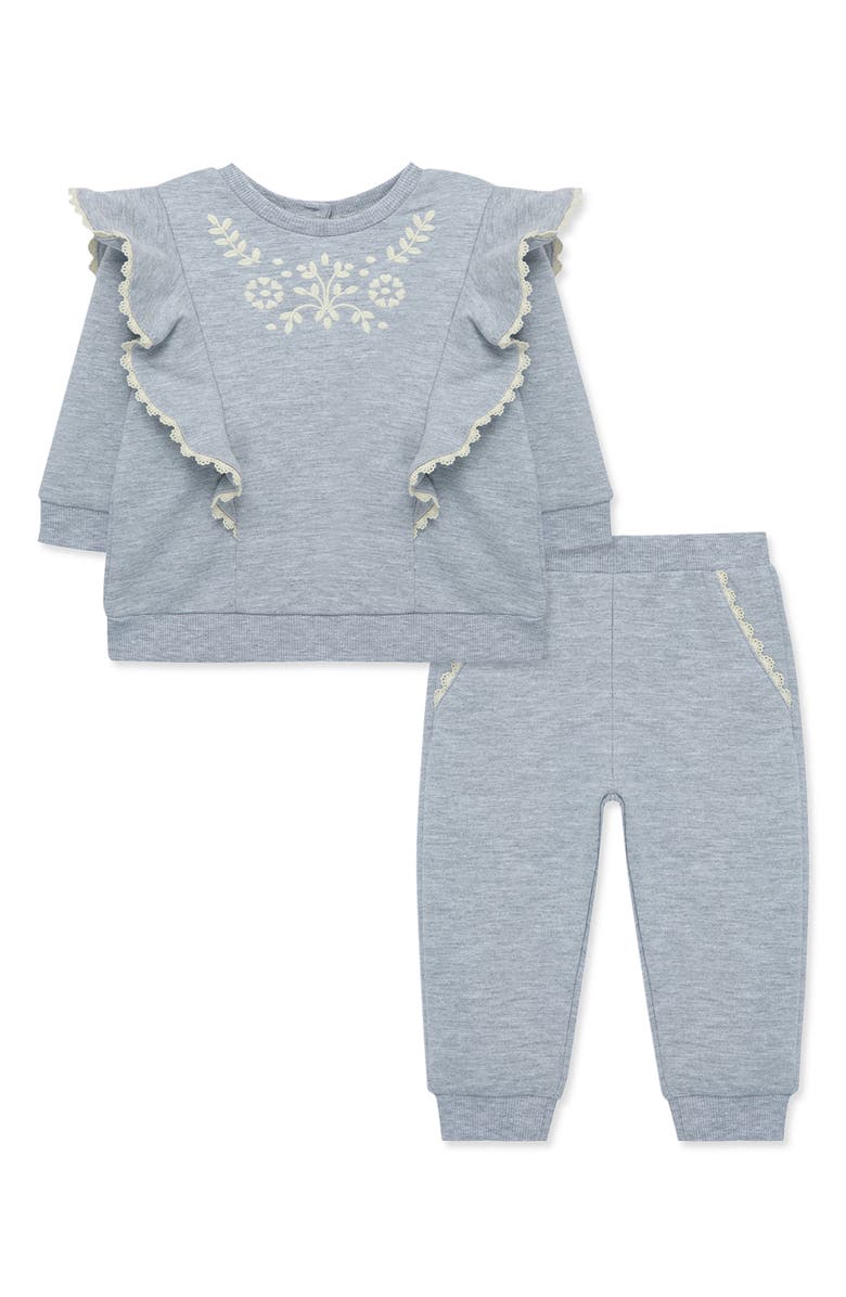 Little Me Embroidered Ruffle Sweatshirt & Joggers Set, Main, color, 
