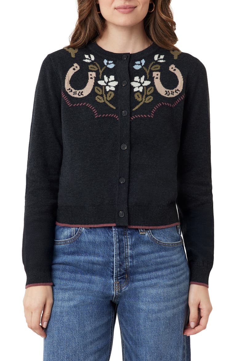 Floral Horseshoe Intarsia Crewneck Sweater, Main, color, CHARCOAL GREY HEATHER