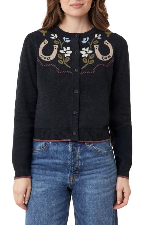 Floral Horseshoe Intarsia Crewneck Sweater