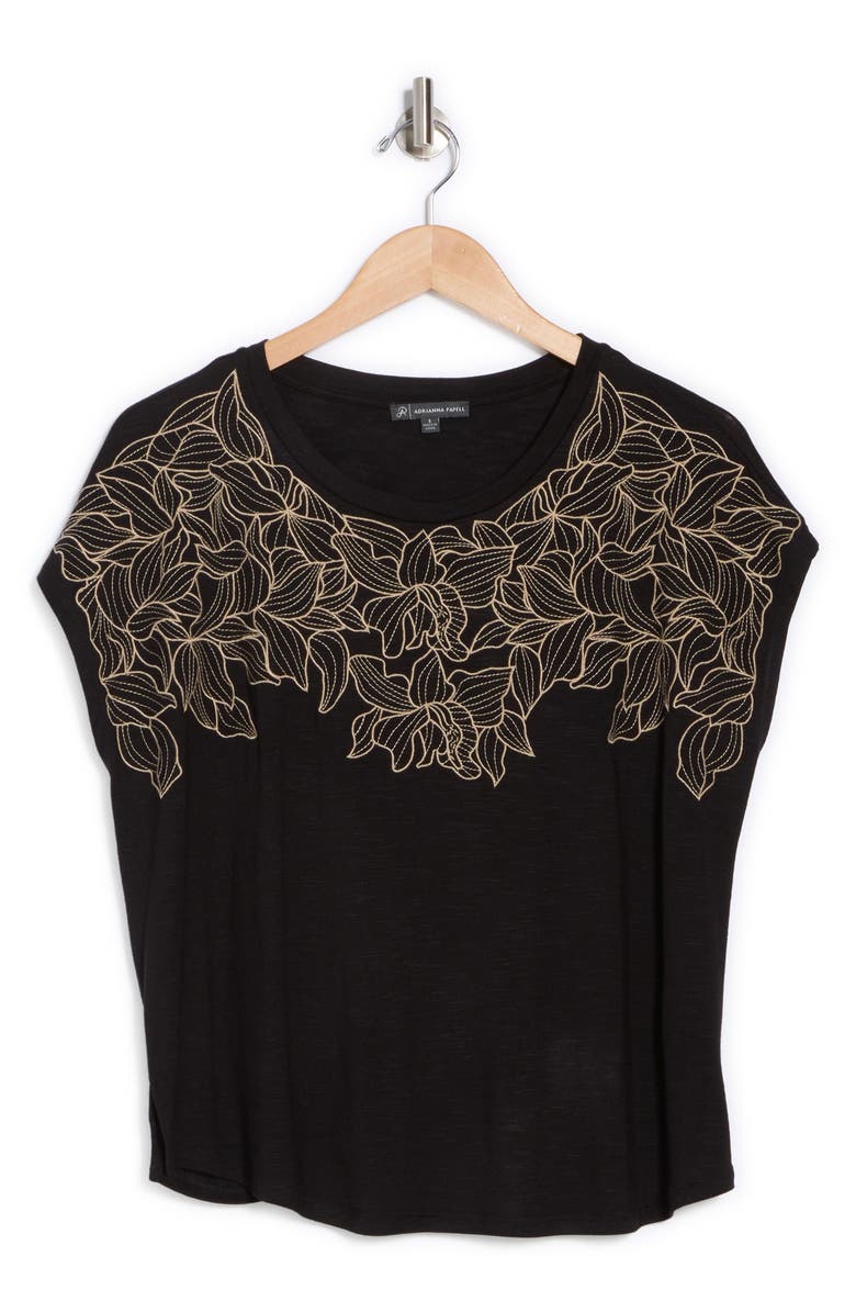 Adrianna Papell Floral Embroidered Short Sleeve T-Shirt, Alternate, color, Black