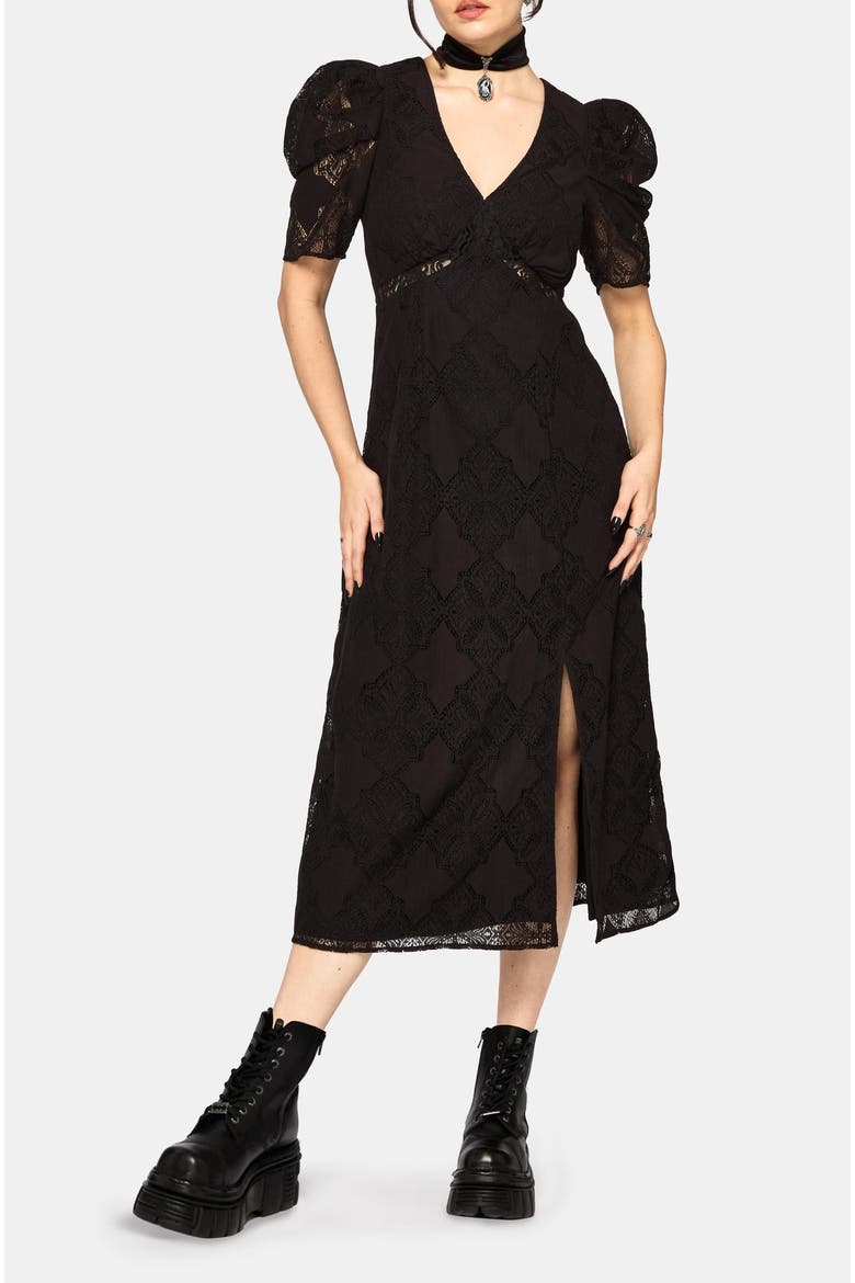 Zephyr Crossed Lace V-Neck Midi Dress, Main, color, Black
