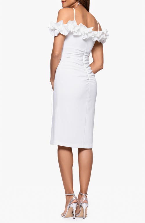 Xscape Evenings Ruffle Off The Shoulder Scuba Crepe Sheath Dress In Ivory
